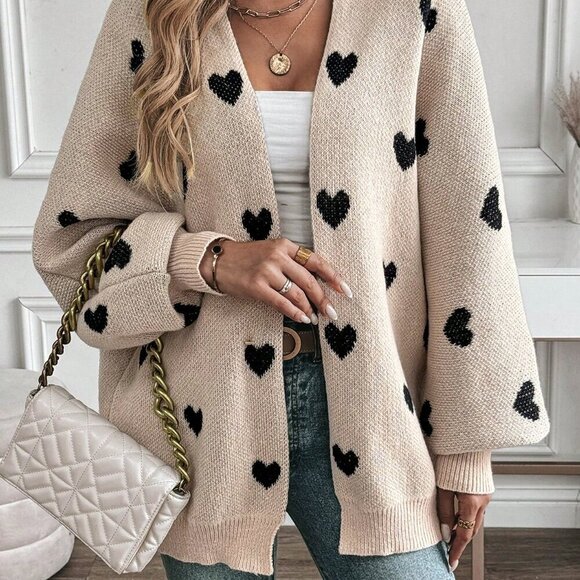 Multicolor Casual Women's V-Neck Heart Print Knitted Cardigan - Picture 5 of 6